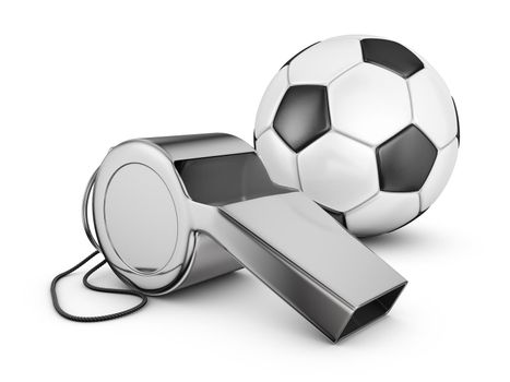 Referee whistle and soccer ball. 3d rendering.