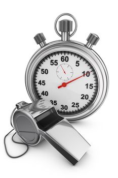 Referee whistle and stopwatch on a white background. 3d rendering.