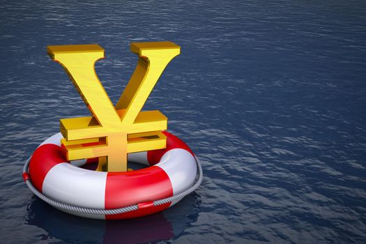 A yuan sign on the lifebuoy. 3d rendering.