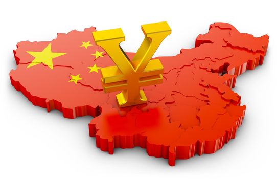 Golden sign of the yuan on the map of China. 3d rendering.