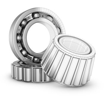 View of ball bearings structures in a cut. 3D render.