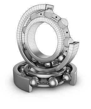 View of ball bearings structures in a cut. 3D render.