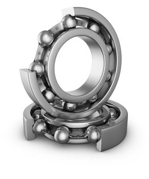 View of ball bearings structures in a cut. 3D render.