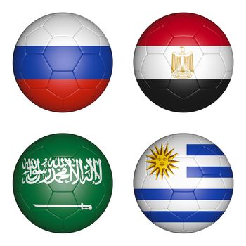 Four balls with the image of the flags of countries, the cup of the championship of football. 3d rendering.