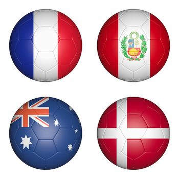 Four balls with the image of the flags of countries, the cup of the championship of football. 3d rendering.