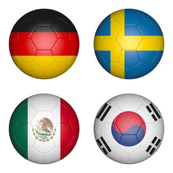 Four balls with the image of the flags of countries, the cup of the championship of football. 3d rendering.