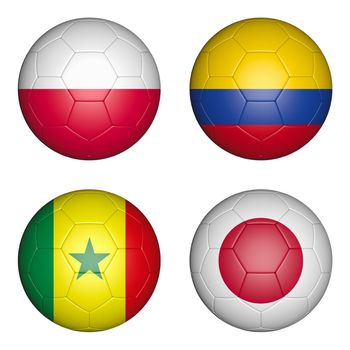 Four balls with the image of the flags of countries, the cup of the championship of football. 3d rendering.