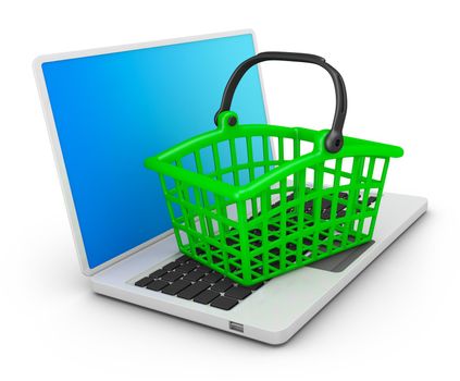 Basket for purchases on the laptop. 3d rendering.