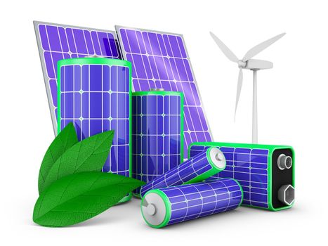 A group of batteries with solar panels on a white background. The concept of clean energy. 3d rendering.