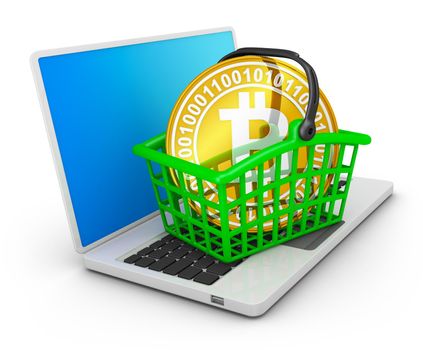 Coin bitcoin in the shopping basket on the laptop. 3d rendering.