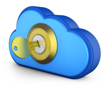 A blue cloud with a key in the  lock. 3d rendering.