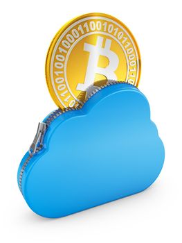 Cloud with zipper and coin bitcoin. 3D rendering.