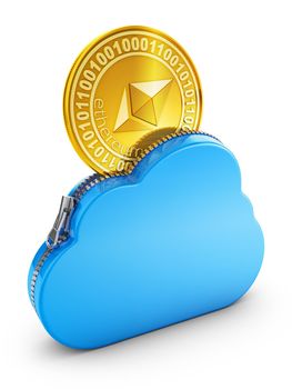 Cloud with zipper and coin ethereum. 3D rendering.
