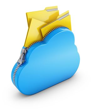 Cloud with a zipper and folders with files. 3D rendering.