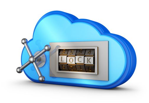 A blue cloud with a combination lock. 3d rendering.