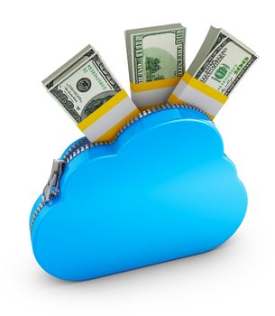 Cloud with zipper and the pack of dollars. 3d rendering.