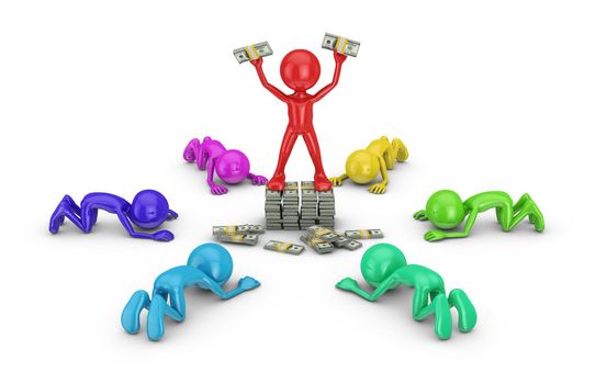 Colored mens praying person on a stack of money. 3d rendering.