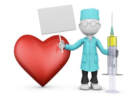 Doctor with syringe and red heart. 3d rendereng.