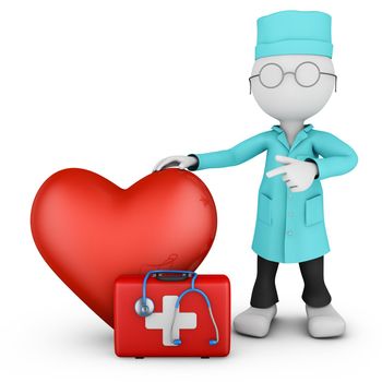 Doctor points to a red heart. 3d rendering.