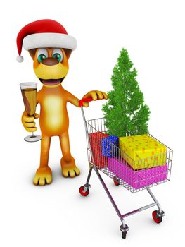 A dog in a santa hat and a cart with gifts. 3D rendering