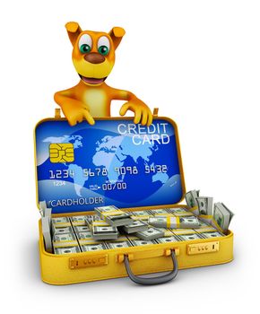 The dog is pointing at a suitcase with dollars and a credit card. 3d rendering.