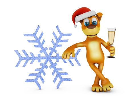 A dog in a santa hat with a glass of wine next to a snowflake. 3d rendering.