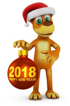 Cartoon dog in a Santa hat with a  Christmas-tree ball 2018. 3D render.