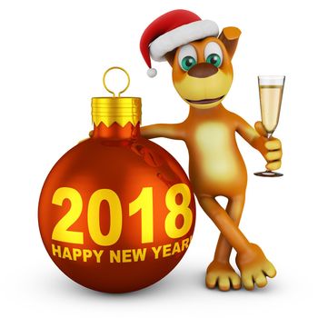 Cartoon dog in a Santa hat with a glass of wine near Christmas-tree ball 2018. 3D render.