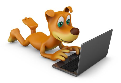 Dog with a laptop on a white background. 3D rendering