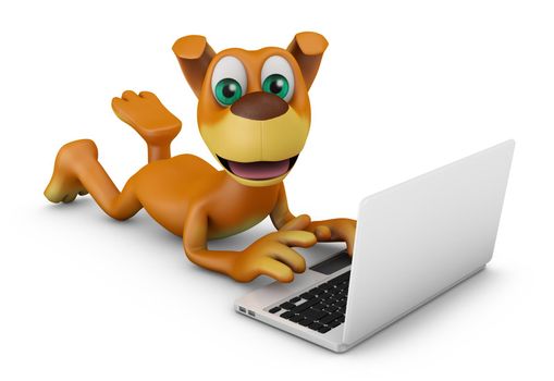 Dog with a laptop on a white background. 3D rendering