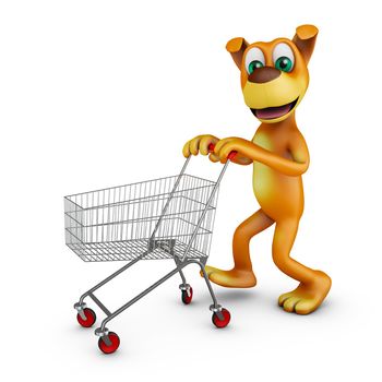 Dog with a shopping cart on a white background. 3D rendering