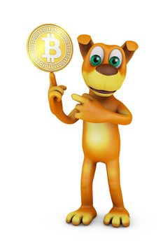 The dog holds a bitcoin coin on his finger. 3d rendering.