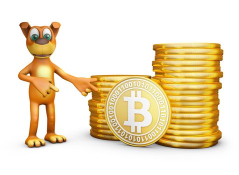 The dog points to coins of bitcoin. 3d rendering.