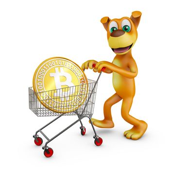 A dog with a cart in which is a bitcoin coin. 3d rendering.