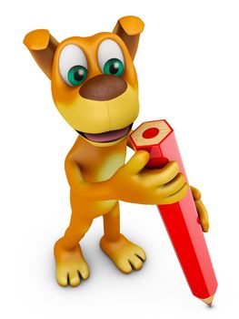 Cheerful dog with a red pencil. 3d rendering.