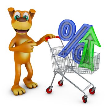 Dog with a shopping trolley and percent. 3D rendering