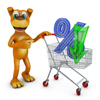 Dog with a shopping trolley and percent. 3D rendering