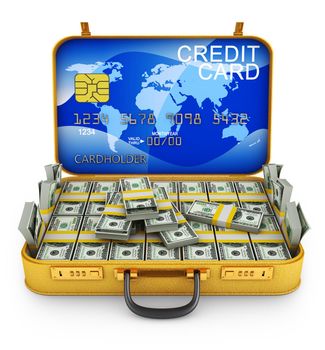 A bundle of dollars and a bank card inside the suitcase. 3d rendering.