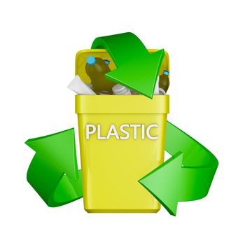Recycling sign and the container with plastic waste. 3D rendering.