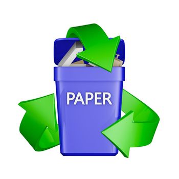 Recycling sign and a container with waste paper. 3D rendering.