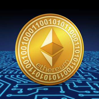 A coin of ethereum on the background of a printed circuit board. 3d rendering.