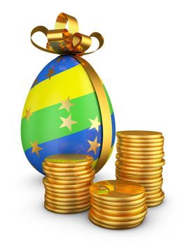 Easter egg and a stack of coins. 3d render.