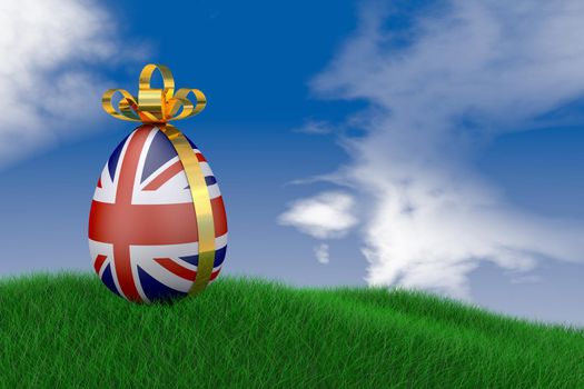 Easter egg with the flag of Great Britain in the grass. 3d render.