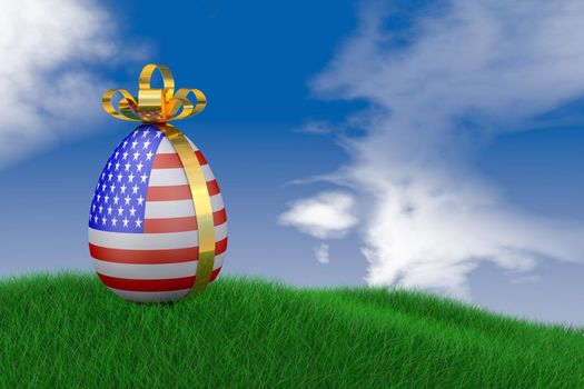Easter egg with USA flag in the grass. 3d render.