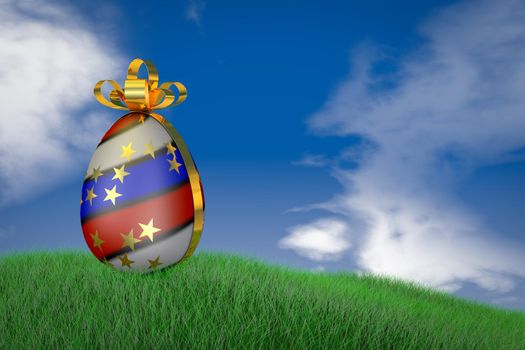 Easter egg in the grass on a sky background. 3d render.
