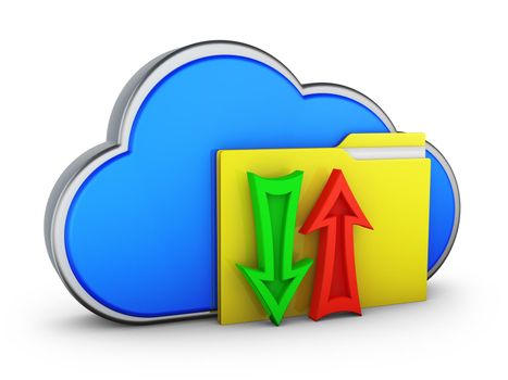 A blue cloud with a folder and two arrows. 3d rendering.