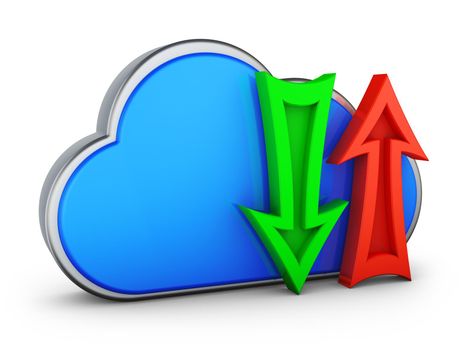 A blue cloud and two arrows. 3d rendering.