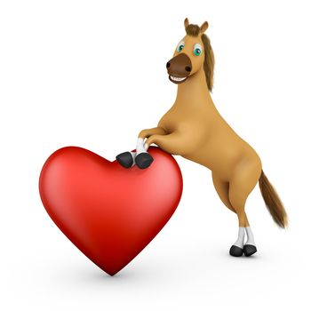 Funny horse next to a red heart. 3d rendering.
