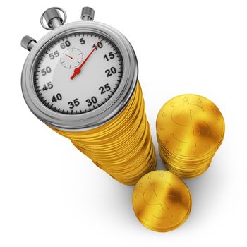 Stacks of gold coins and a stopwatch in the foreground. 3d rendering.