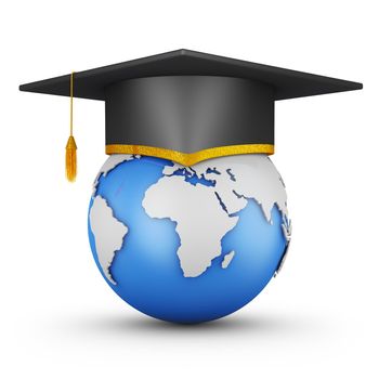Student hat on the globe. 3d rendering.